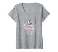 Mujer Bruja: Encantamiento de Luna y Escoba místico Camiseta Cuello V, Mujer, Gris Jaspeado, M