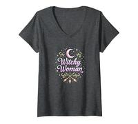 Mujer Bruja: Encantamiento de Luna y Escoba místico Camiseta Cuello V, Mujer, Jaspeado Oscuro, S