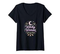 Mujer Bruja: Encantamiento de Luna y Escoba místico Camiseta Cuello V, Mujer, Negro, L