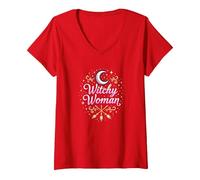 Mujer Bruja: Encantamiento de Luna y Escoba místico Camiseta Cuello V, Mujer, Rojo, M