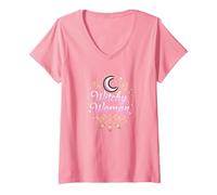 Mujer Bruja: Encantamiento de Luna y Escoba místico Camiseta Cuello V, Mujer, Rosado, XXL