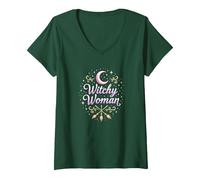 Mujer Bruja: Encantamiento de Luna y Escoba místico Camiseta Cuello V, Mujer, Verde Bosque, M