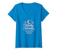 Mujer Bruja: Encantamiento de Luna y Escoba místico Camiseta Cuello V, Mujer, Zafiro, S