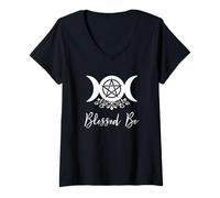 Mujer Bruja pagana Wicca Triple Luna Diosa Pentáculo Bendito Ser Camiseta Cuello V