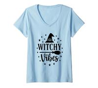 Mujer Bruja Vibes para Halloween, Linda y Espeluznante Maestra mágica Camiseta Cuello V