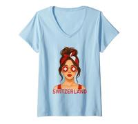 Mujer Brunette Swiss Girl Switzerland Flag Swiss Girlfriend Wife Camiseta Cuello V