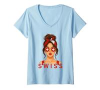 Mujer Brunette Swiss Girl Switzerland Flag Swiss Girlfriend Wife Camiseta Cuello V
