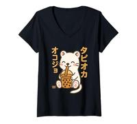 Mujer Bubble Tea Weesel Boba Kawaii Tapioka Anime Cute Camiseta Cuello V