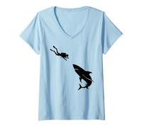 Mujer Buceo Encuentro con Tiburones Mar Explorando Océano Vida Buceo Camiseta Cuello V