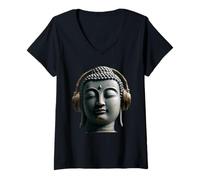 Mujer Buda con Auriculares Mindfulness Música Boho Zen Budismo Camiseta Cuello V