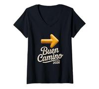 Mujer Buen Camino 2026 Flecha Amarilla Waymarker Peregrino Camiseta Cuello V