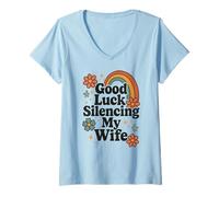 Mujer Buena suerte silenciando a mi esposa Camiseta Cuello V