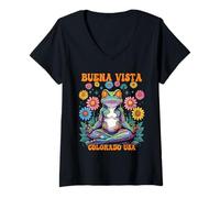 Mujer Buena Vista, Colorado, EE. UU., caprichoso diseño Zen con Forma de Rana Camiseta Cuello V