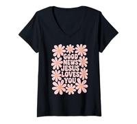 Mujer Buenas Noticias Cristianas Jesús Te Ama Retro Camiseta Cuello V