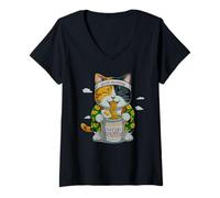 Mujer Buenos días Gato Comiendo Fideos Kawaii Comida Japonesa Camiseta Cuello V