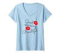 Mujer Buenos Días Hermosos Labios Beso Camiseta Cuello V