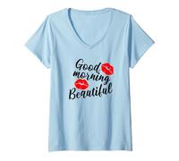 Mujer Buenos días Hermosos Labios Beso Humor Dulce Camiseta Cuello V