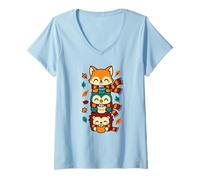 Mujer Bufanda con diseño de Zorro y búho, Color Cacao Caliente Camiseta Cuello V