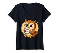 Mujer Búho Bebiendo café gráfico búho Kawaii Camiseta Cuello V