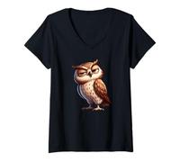 Mujer Búho de dibujos animados gruñón con ojos jueces Camiseta Cuello V