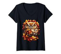 Mujer Búho durmiendo con Hojas de otoño Bosque Animal Otoño Camiseta Cuello V