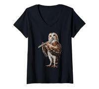 Mujer Búho tocando flauta transversal Camiseta Cuello V