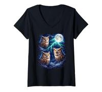 Mujer Búhos Oscuros bajo la Luna - Vintage Fantasy Lightning Art Camiseta Cuello V