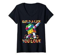 Mujer Build A Life You Love Funny Bricks Master Builder Dabbing Camiseta Cuello V