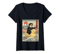 Mujer Bull Dog Ninja Japón Vintage Japonés Ukiyo-e Arte Camiseta Cuello V