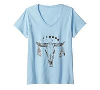 Mujer Bull Skull Moon Phases with Boho Feathers Camiseta Cuello V