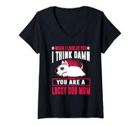 Mujer Bull Terrier You Are A Lucky Dog Mom Funny Puppy Dogs Lovers Camiseta Cuello V
