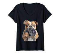 Mujer Bulldog Fotógrafo Cámara Fotografía Camiseta Cuello V