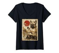 Mujer Bulldog francés Aullando Vintage Ukiyo-e Arte japonés Camiseta Cuello V