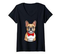 Mujer Bulldog Francés con Pajarita Roja Ilustración Camiseta Cuello V