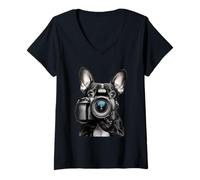 Mujer Bulldog Francés Fotógrafo Fotografía Cámara Camiseta Cuello V