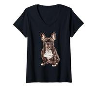 Mujer Bulldog Francés Ilustración Arte Adorable Diseño Camiseta Cuello V