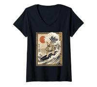 Mujer Bulldog Francés Surf Japonés Kanagawa Perro Samurái Gracioso Camiseta Cuello V