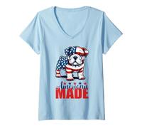 Mujer Bulldog Hecho en Estados Unidos - Día de la Independencia Patriótico USA Dog Camiseta Cuello V