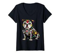 Mujer Bulldog Inglés Calavera Mexicana Calavera México Fiesta Camiseta Cuello V