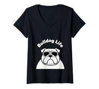 Mujer Bulldog Life Cool Gafas de Sol con Texto Curvado para Perro Camiseta Cuello V