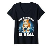 Mujer Bulldog The Struggle Is Real Halterofilia Gimnasio Divertido Camiseta Cuello V