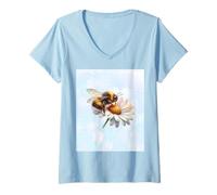 Mujer Bumble Bee Flower Sky Blue Cute Bee Daisy Honeycomb Bee Boho Camiseta Cuello V