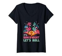 Mujer Bunco Night Pink Flamingo Bunco Juego Dados Tropical Gambling Camiseta Cuello V