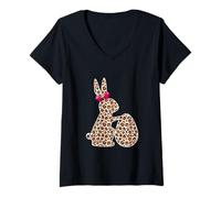 Mujer Bunny Buffalo Leopard Plaid Print Happy Easter Day Hombres Mujeres Camiseta Cuello V