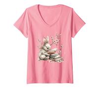 Mujer Bunny Mom Love Reading For Rabbit Owners Pink Cherry Blossom Camiseta Cuello V