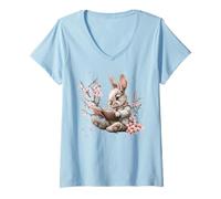 Mujer Bunny Reading Under Cherry Blossom For Girls Who Loves Books Camiseta Cuello V