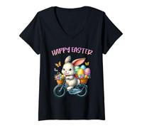 Mujer Bunny Riding Bike Happy Easter Egg Hunt Christian Holiday Camiseta Cuello V