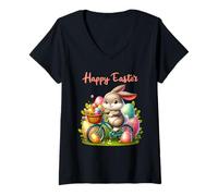 Mujer Bunny Riding Bike Happy Easter Egg Hunt Christian Holiday Camiseta Cuello V