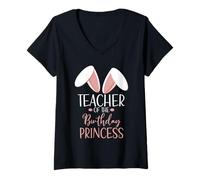 Mujer Bunny Teacher of The Birthday Princess Matching Family Camiseta Cuello V