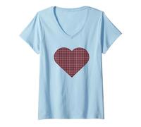 Mujer Burdeos Pata de Gallo corazón Rojo patrón Retro Camiseta Cuello V